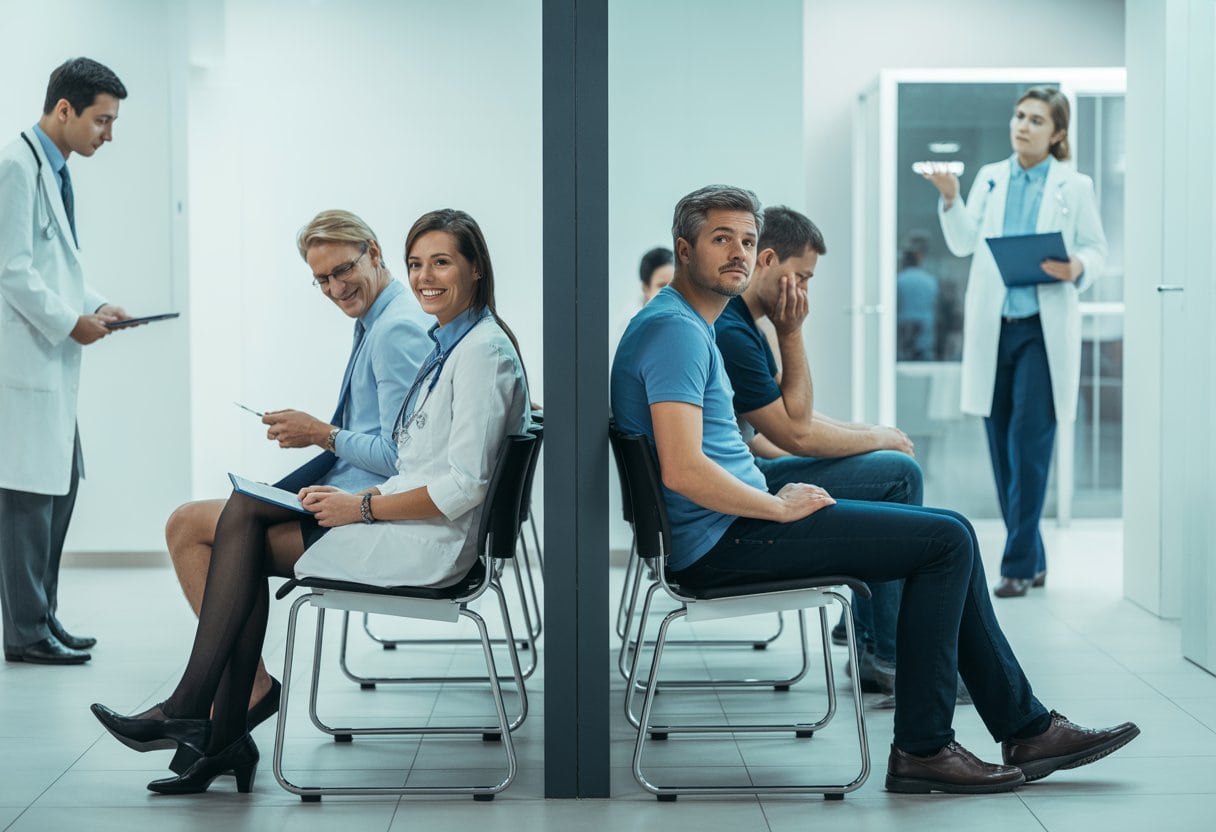 Warteraum in einer Arztpraxis mit zwei getrennten Bereichen, in denen eine Gruppe von Patienten schnell behandelt wird und eine andere Gruppe ungeduldig wartet.