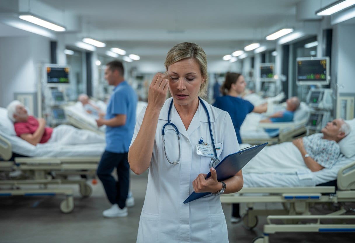 Eine erschöpfte Krankenschwester versorgt mehrere Patienten in einem belebten Krankenhausflur.