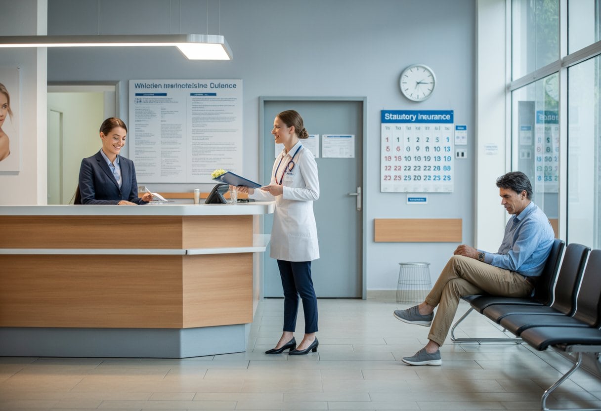 Ein Wartebereich in einer Arztpraxis mit zwei Patienten: einer wird schnell bedient, der andere wartet ungeduldig.