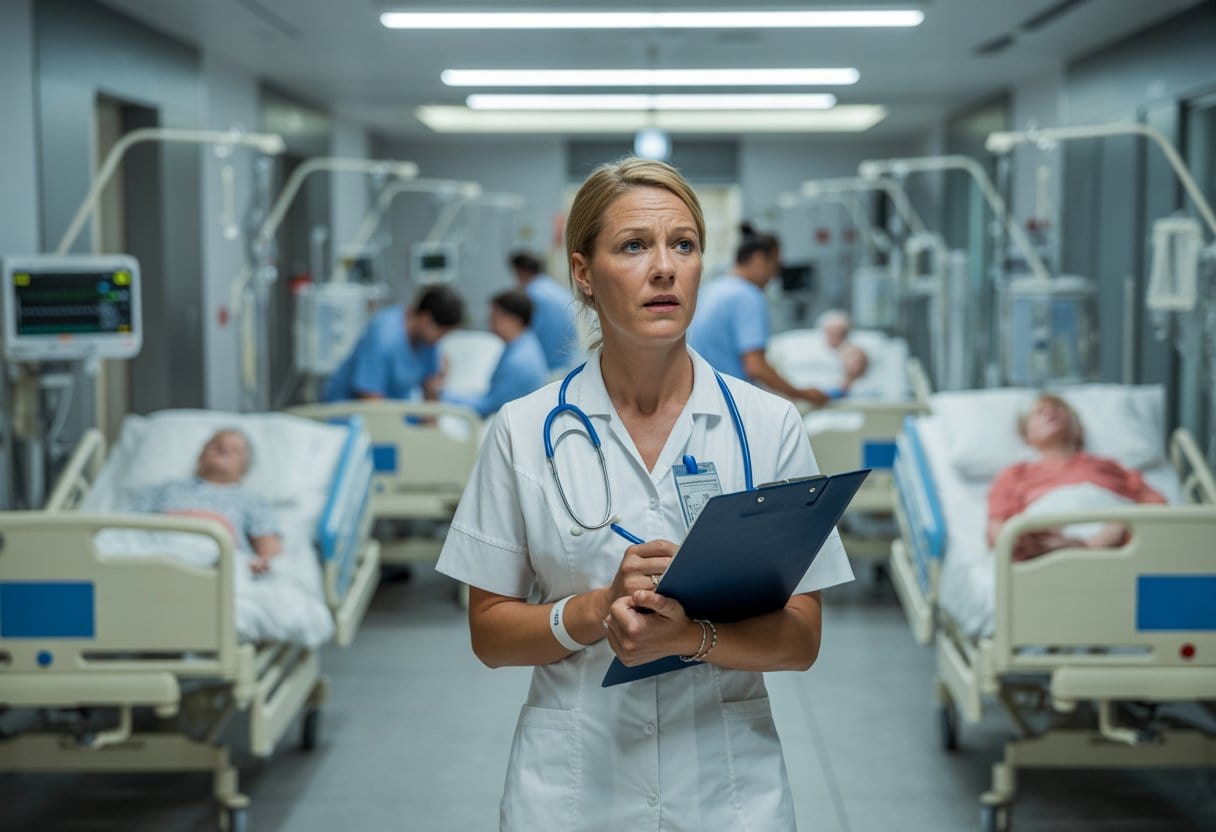 Eine erschöpfte Krankenschwester in einem belebten Krankenhausflur, umgeben von Patientenbetten und medizinischer Ausrüstung.