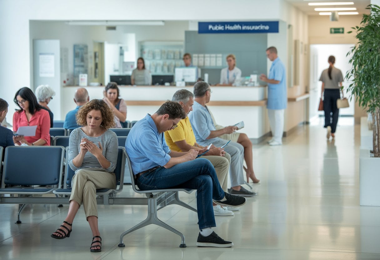 Wartezimmer in einer Arztpraxis mit wartenden Patienten und medizinischem Personal im Hintergrund.