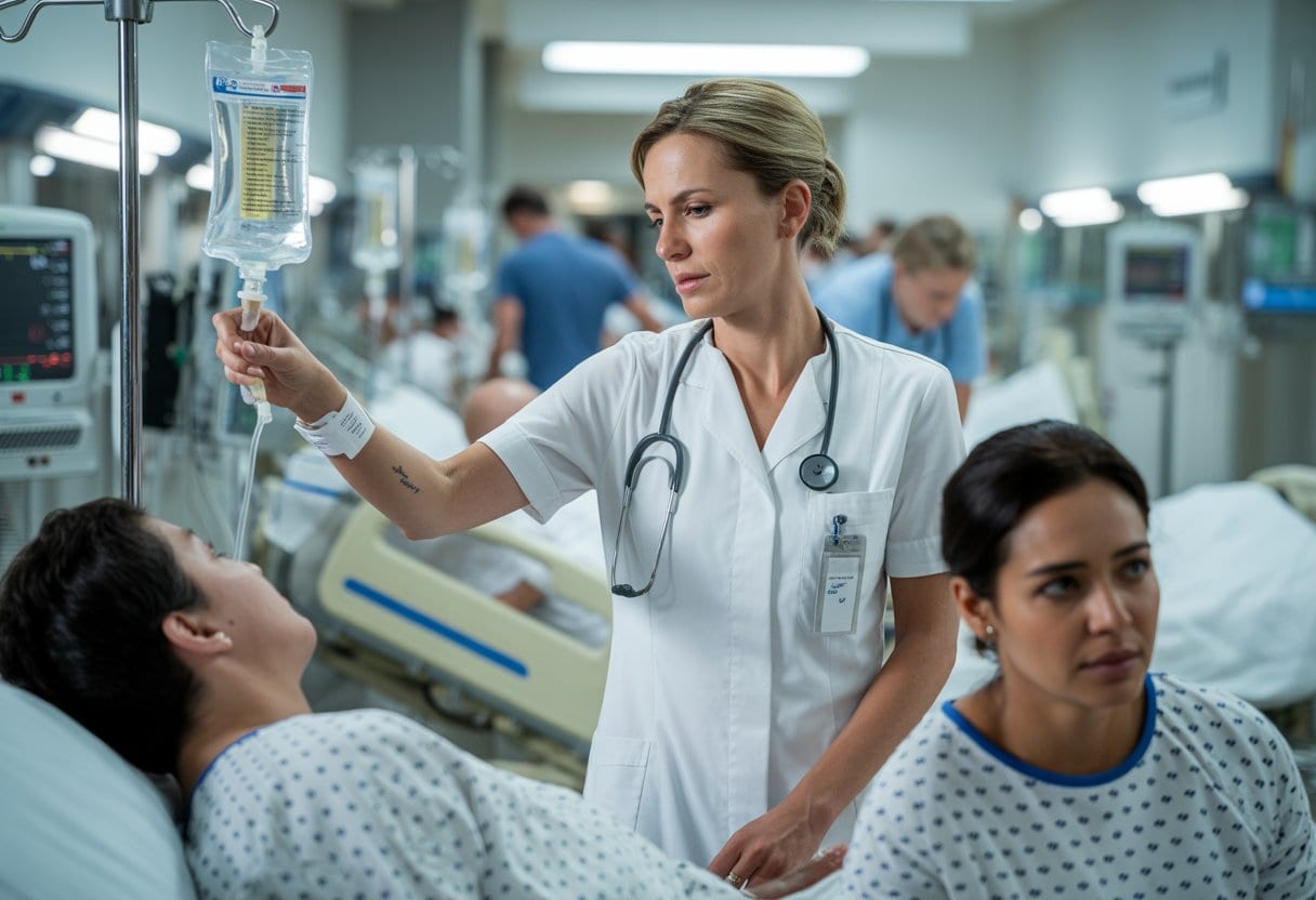 Eine Krankenschwester versorgt mehrere Patienten in einem belebten Krankenhauszimmer.