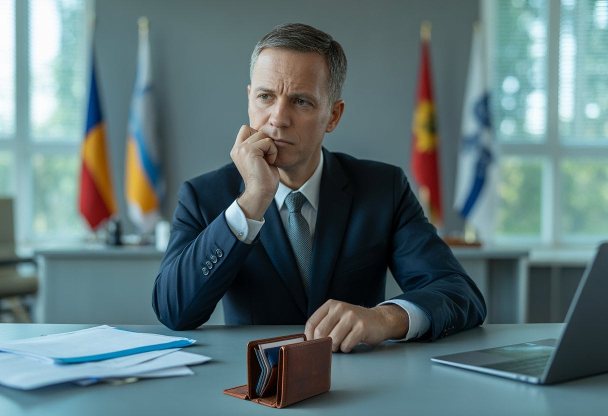 Ein nachdenklicher Gesundheitsminister sitzt an einem Schreibtisch mit leeren Geldbeutel und Dokumenten in einem Büro.
