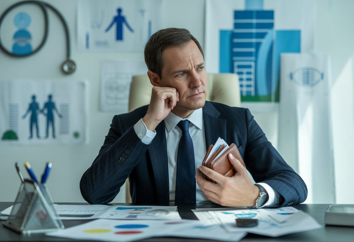 Ein nachdenklicher Gesundheitsminister sitzt an einem Schreibtisch mit Finanzunterlagen und einem fast leeren Portemonnaie, umgeben von Symbolen des Gesundheitssystems.