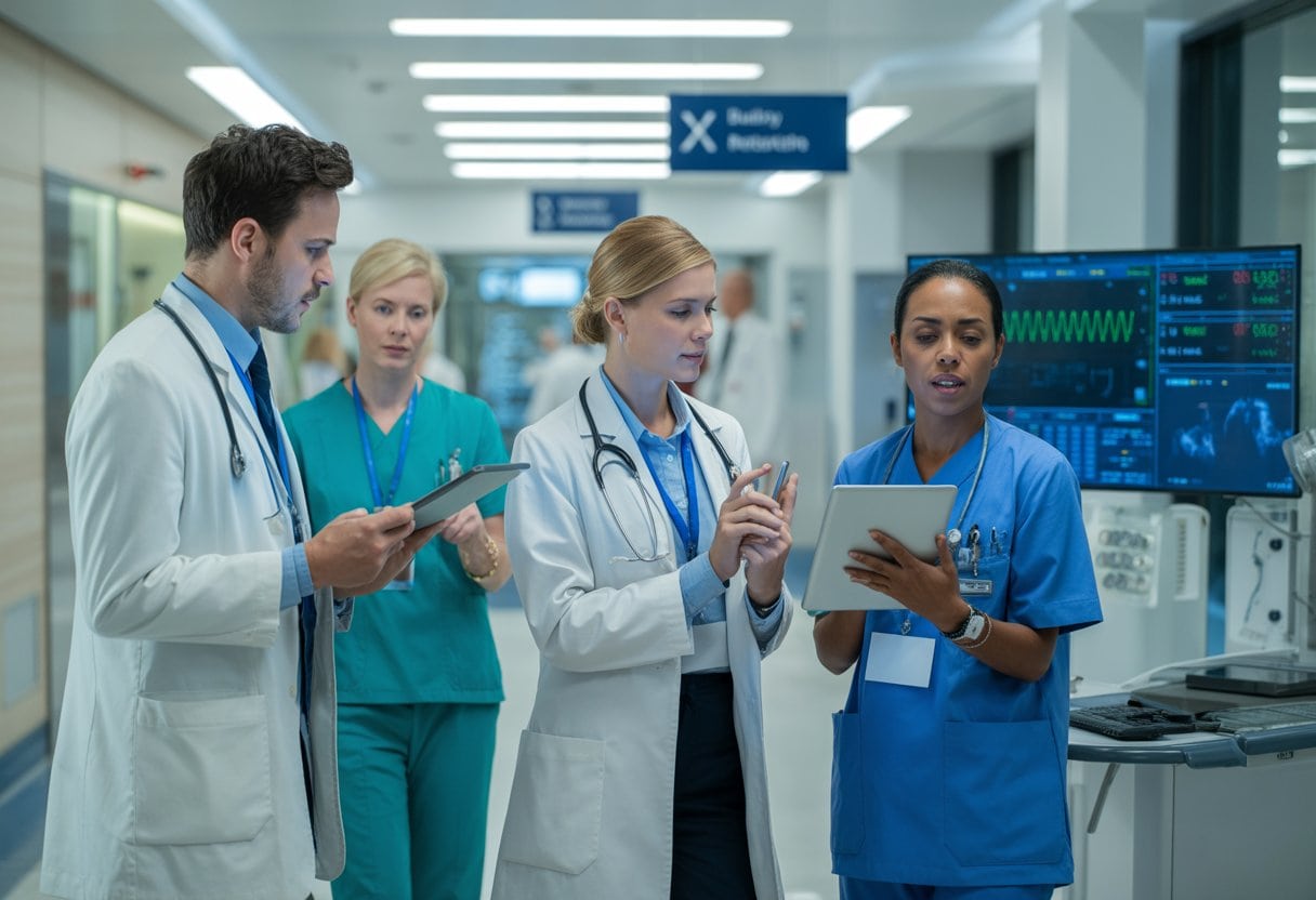 Mehrere medizinische Fachkräfte in einem modernen Krankenhaus arbeiten mit digitaler Medizintechnik in einem hellen Flur.