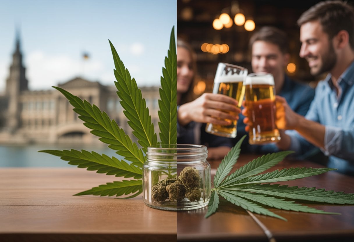 Geteiltes Bild mit Cannabisblättern und -glas auf der einen Seite und Menschen, die in einer Kneipe Biergläser anstoßen, auf der anderen Seite.