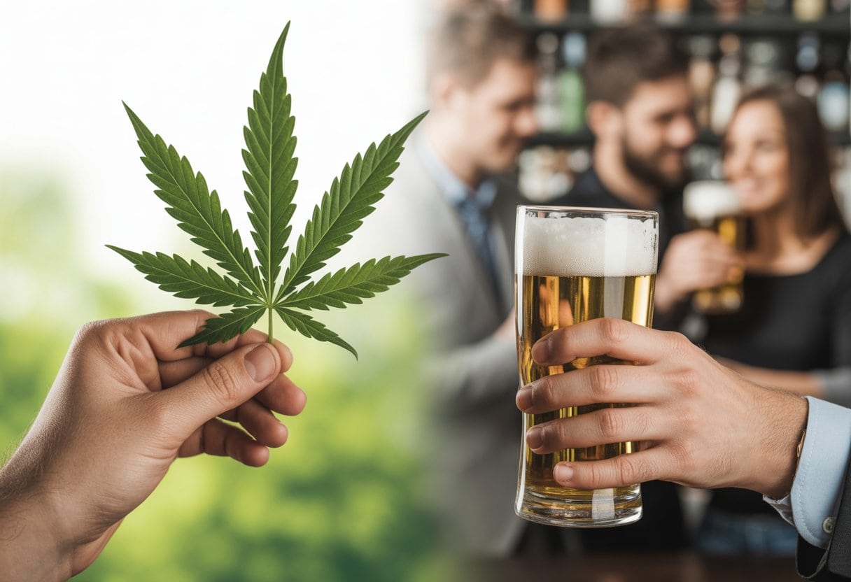 Zwei Hände, eine hält ein Cannabisblatt, die andere ein Bierglas, vor unterschiedlichen Hintergründen, die Deutschlands widersprüchliche Drogenpolitik zeigen.