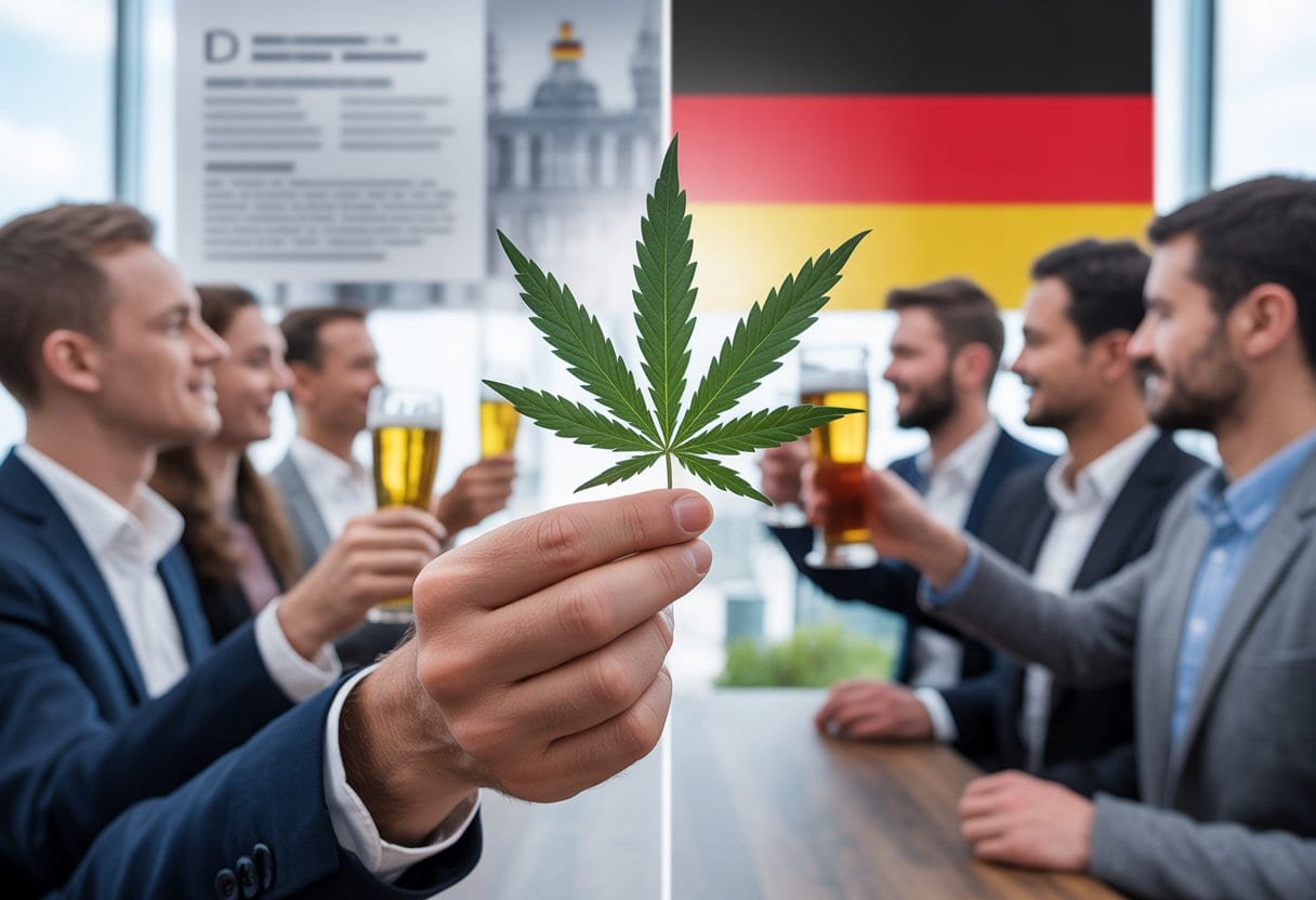Eine Nahaufnahme einer Hand mit einem Cannabiskraut neben einer Gruppe von Menschen, die in geselliger Runde Bier und Wein trinken.