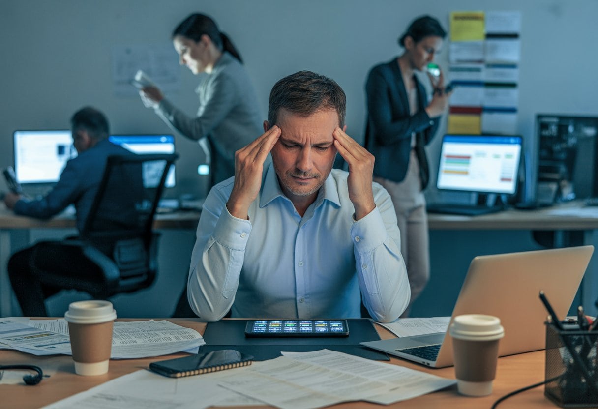 Ein erschöpfter deutscher Arbeitnehmer sitzt an einem überfüllten Schreibtisch in einem Büro und reibt sich die Schläfen, während Kollegen im Hintergrund konzentriert arbeiten.