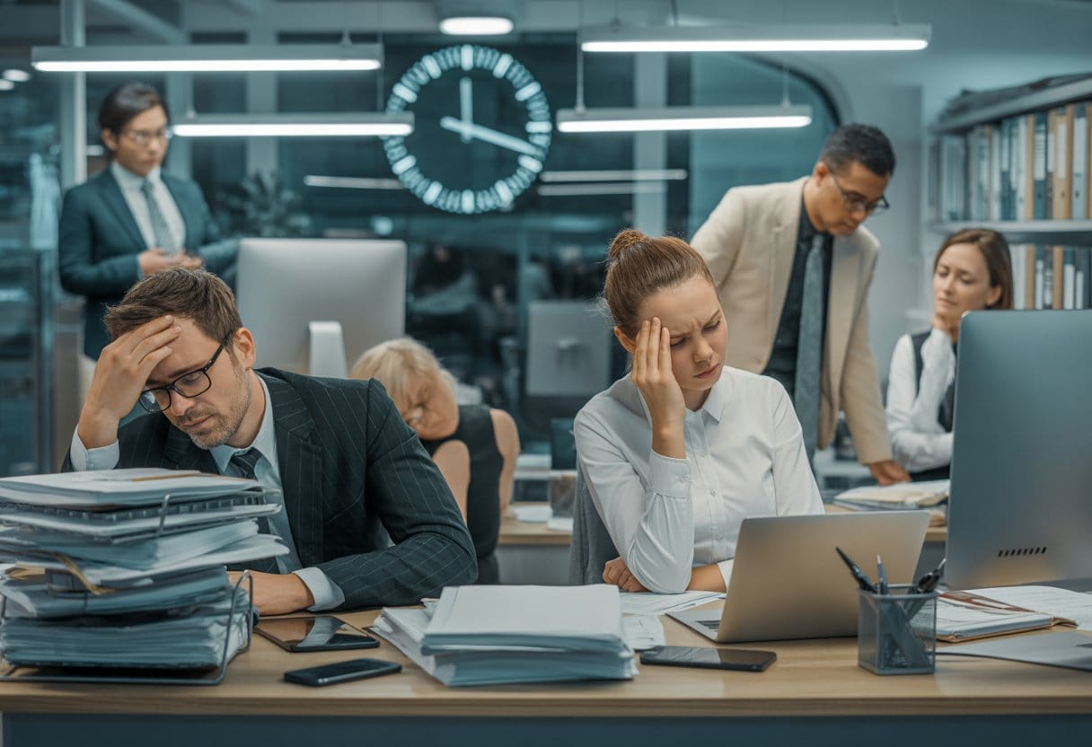 Mehrere gestresste und erschöpfte Arbeitnehmer in einem modernen Büro, umgeben von Arbeit und Technik, wirken überfordert und müde.