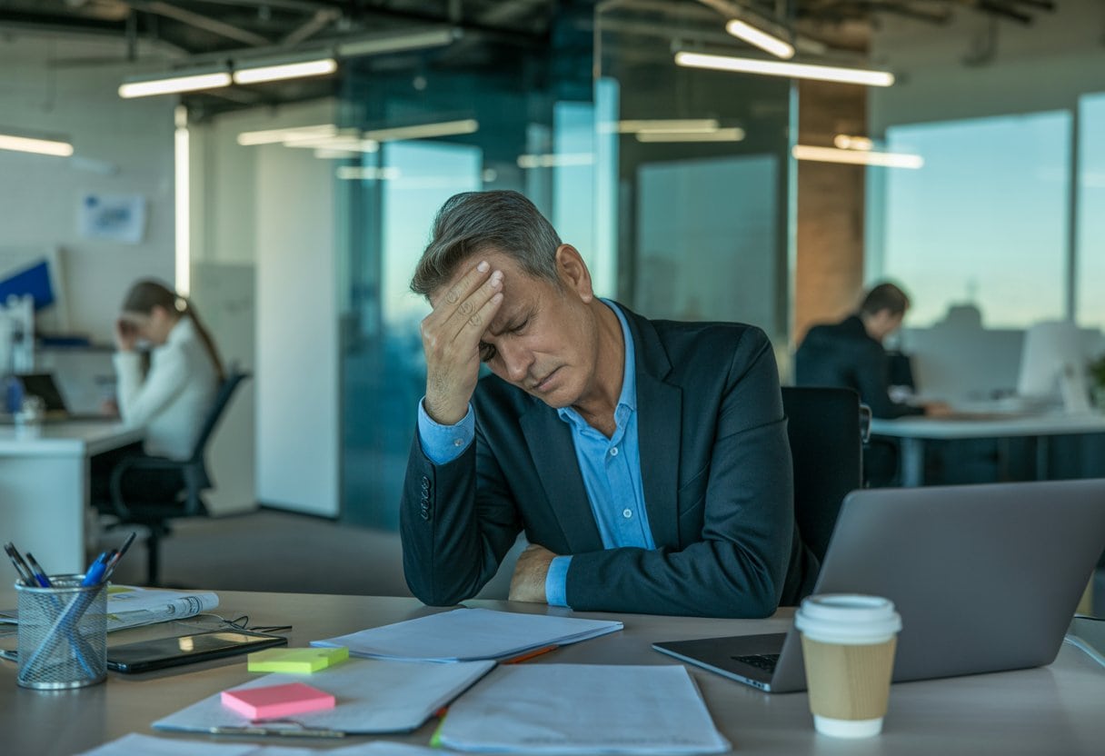 Ein gestresster Büroangestellter sitzt erschöpft an einem Schreibtisch in einem modernen Büro, umgeben von Arbeitsunterlagen und einem Laptop.