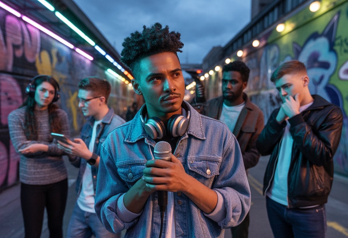 Eine Gruppe junger Menschen in einer urbanen Umgebung, ein männlicher Rapper mit Mikrofon steht im Vordergrund, umgeben von Zuhörern und Diskussionen.