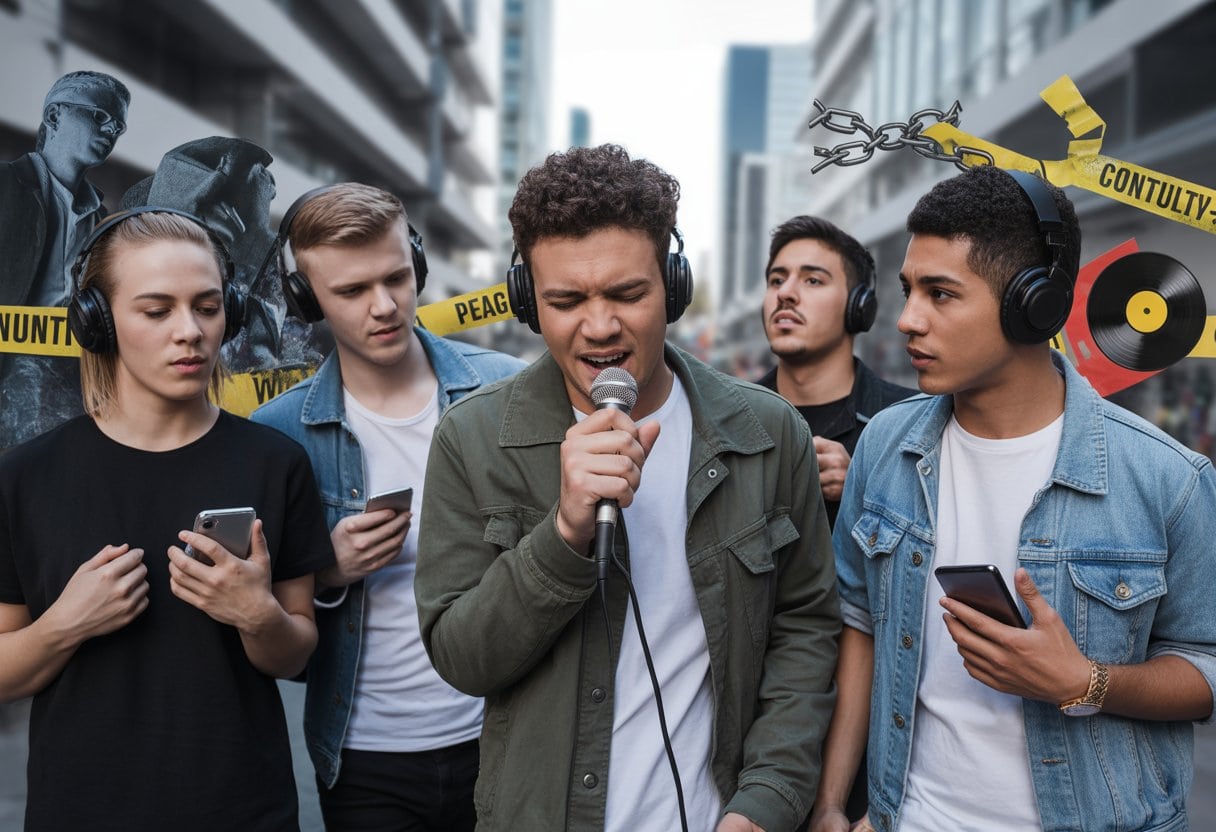 Eine Gruppe junger Menschen in einer urbanen Umgebung, ein Rapper singt leidenschaftlich mit Mikrofon, umgeben von Zuhörern mit Kopfhörern und Smartphones.