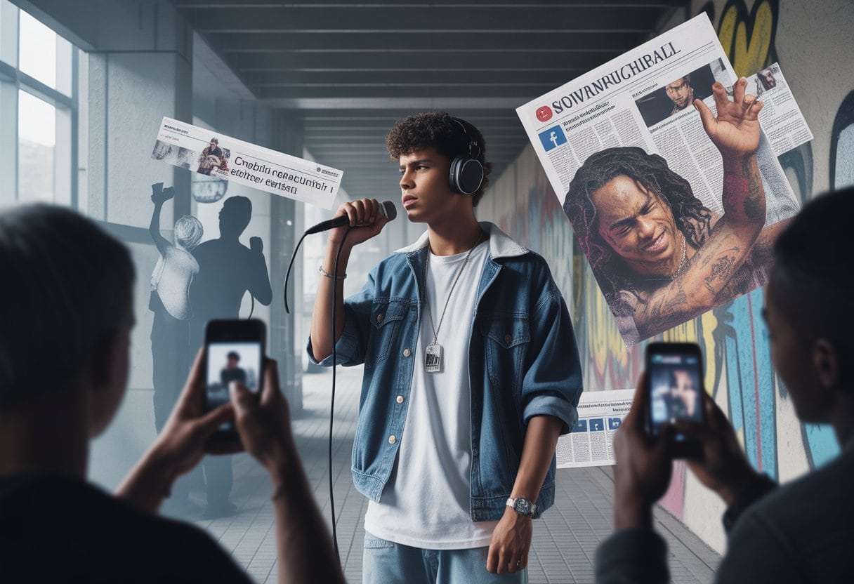 Ein junger Rapper steht in einer urbanen Umgebung mit Kopfhörern und Mikrofon, umgeben von Fans und Graffiti, die musikalische Leidenschaft und kontroverse Themen darstellen.