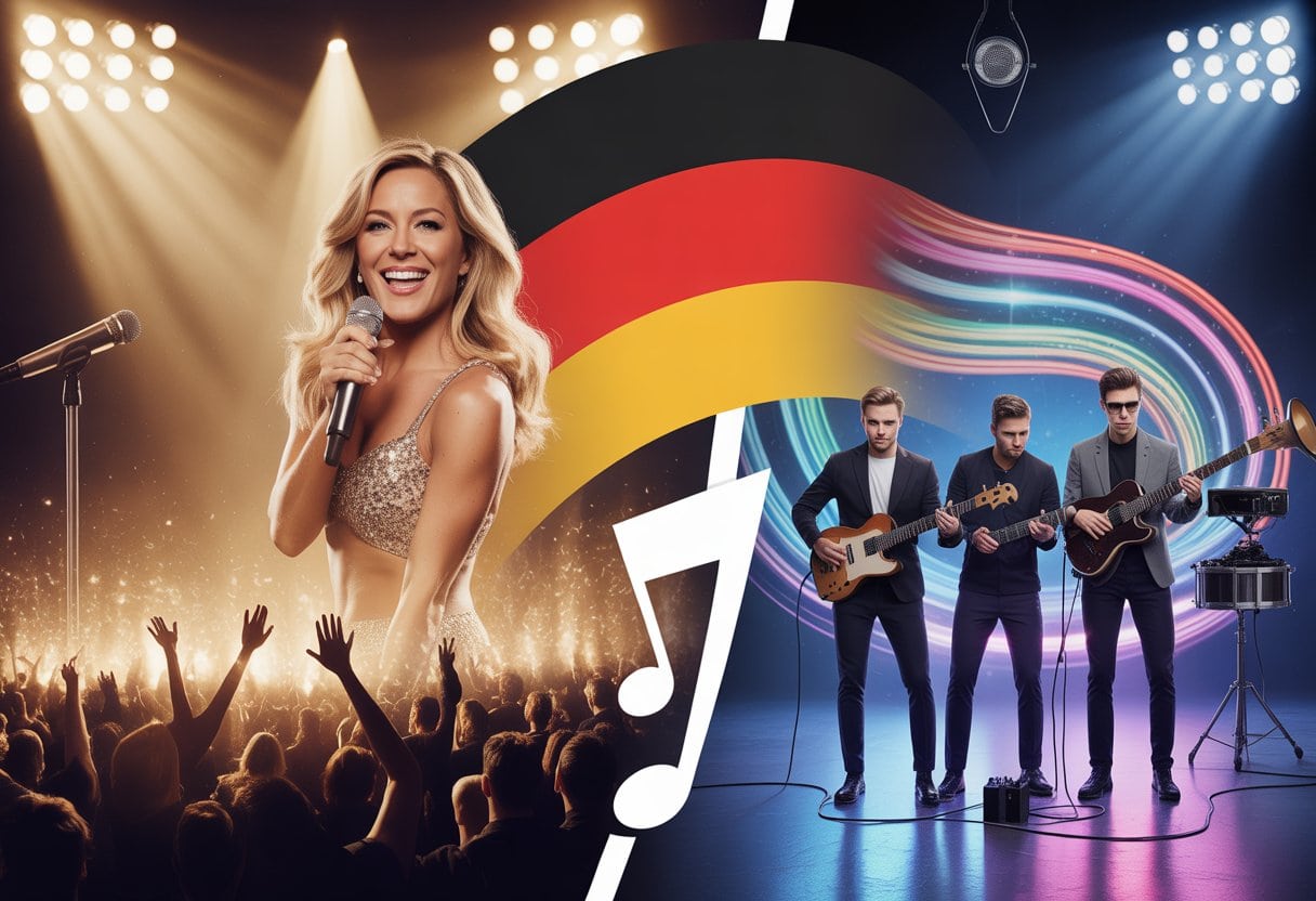 Eine Sängerin auf der Bühne links und eine Gruppe moderner Musiker in einem Studio rechts, die Erfolg im deutschen Musikbereich darstellen.