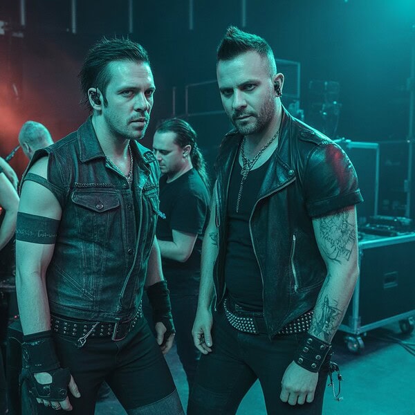 Zwei männliche Rockmusiker bereiten sich hinter der Bühne auf einen Auftritt vor, umgeben von Technikern und Bühnenausrüstung.