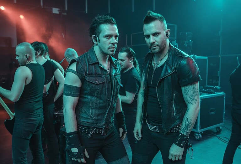 Zwei männliche Rockmusiker bereiten sich hinter der Bühne auf einen Auftritt vor, umgeben von Technikern und Bühnenausrüstung.