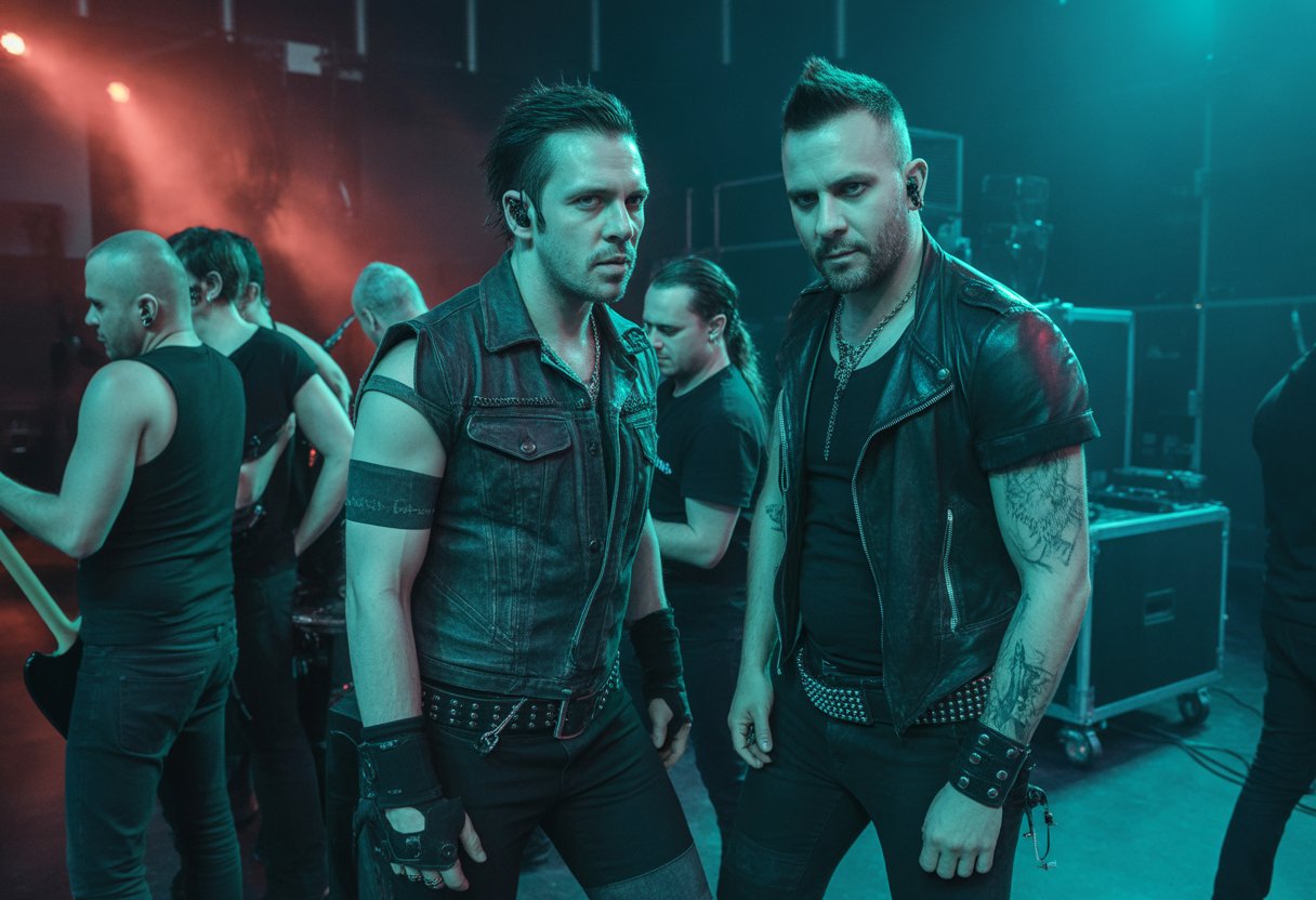 Zwei männliche Rockmusiker bereiten sich hinter der Bühne auf einen Auftritt vor, umgeben von Technikern und Bühnenausrüstung.