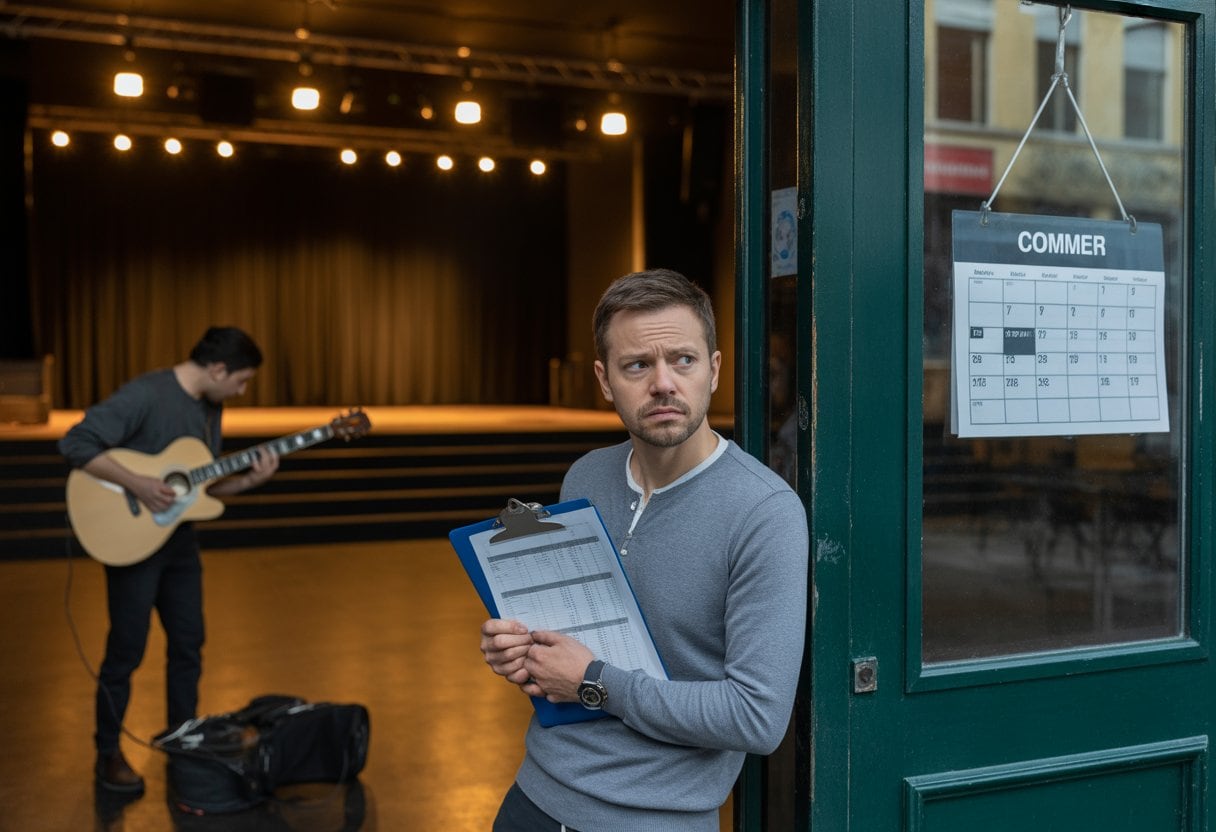 Ein besorgter Musikveranstalter steht in einem kleinen Konzertsaal, während ein Musiker seine Gitarre einpackt. Der Raum ist leer und vermittelt eine angespannte Stimmung.