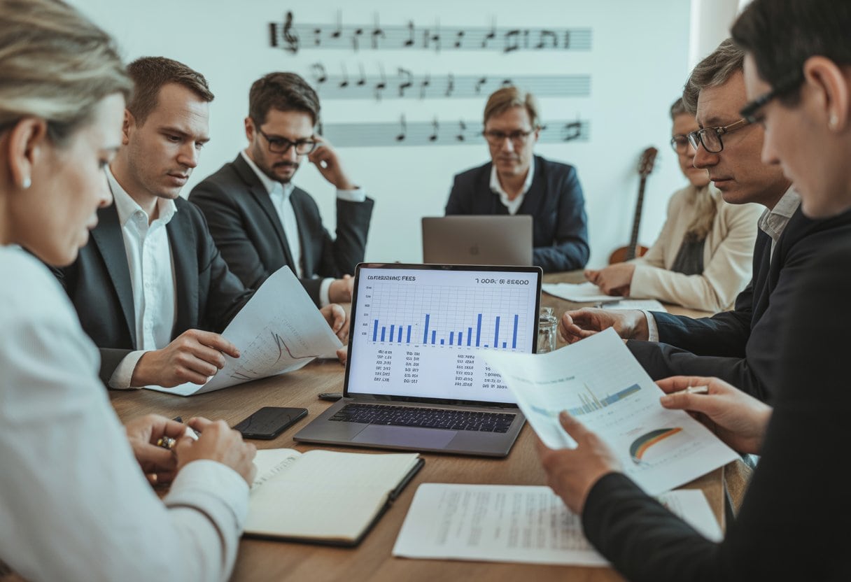 Menschen in einem Besprechungsraum diskutieren konzentriert über Finanzunterlagen und Diagramme, mit musikalischen Elementen im Hintergrund.