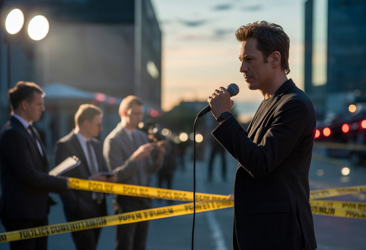Ein männlicher Rockmusiker auf einer Bühne mit im Hintergrund unscharfen Ermittlern und einer Stadtlandschaft bei Dämmerung.