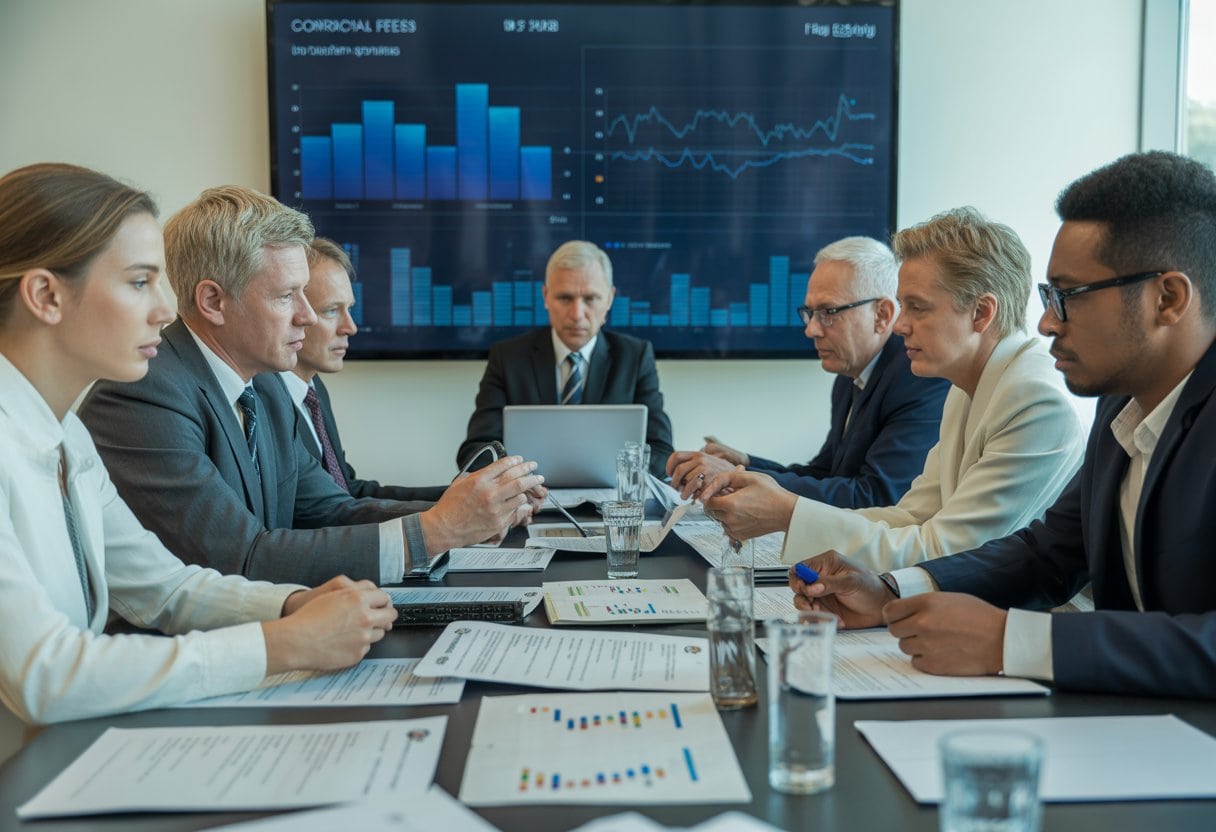 Eine Gruppe von Menschen sitzt in einem Konferenzraum um einen Tisch und diskutiert konzentriert über Dokumente und Laptops.