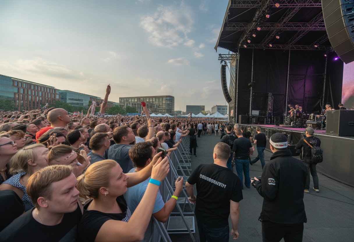 Menschenmenge bei einem Open-Air-Konzert in einer deutschen Stadt bei Sonnenuntergang, mit Sicherheitskräften im Hintergrund.