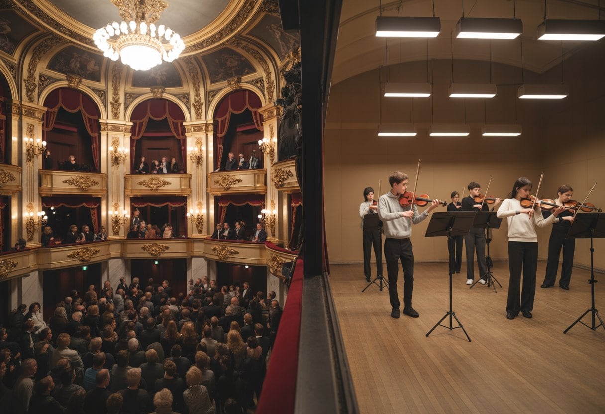 Ein prächtiger Opernsaal mit Zuschauern und ein bescheidener Proberaum mit jungen Musikern, die Instrumente spielen.