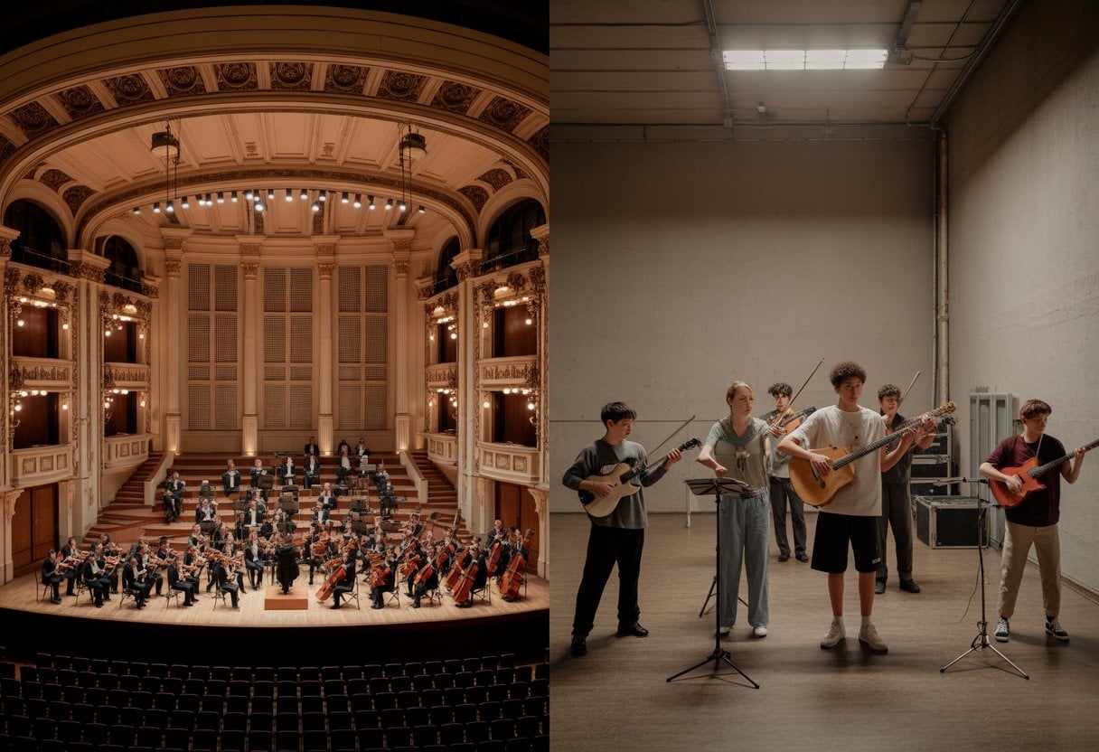 Ein großer Opernsaal mit Orchester auf der Bühne und ein kleiner Proberaum mit jungen Musikern, die Instrumente üben.