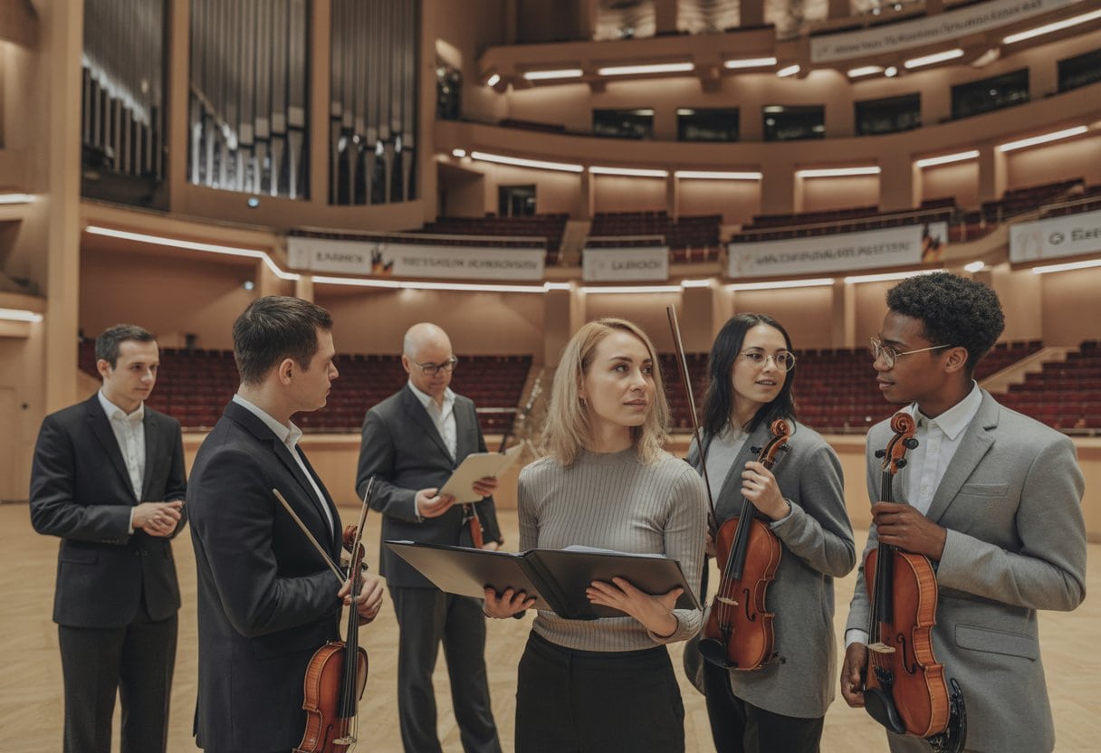 Eine Gruppe von Menschen in einem Konzertsaal, die über Musikförderung in Deutschland diskutieren, mit Musikinstrumenten und elegantem Bühnenhintergrund.