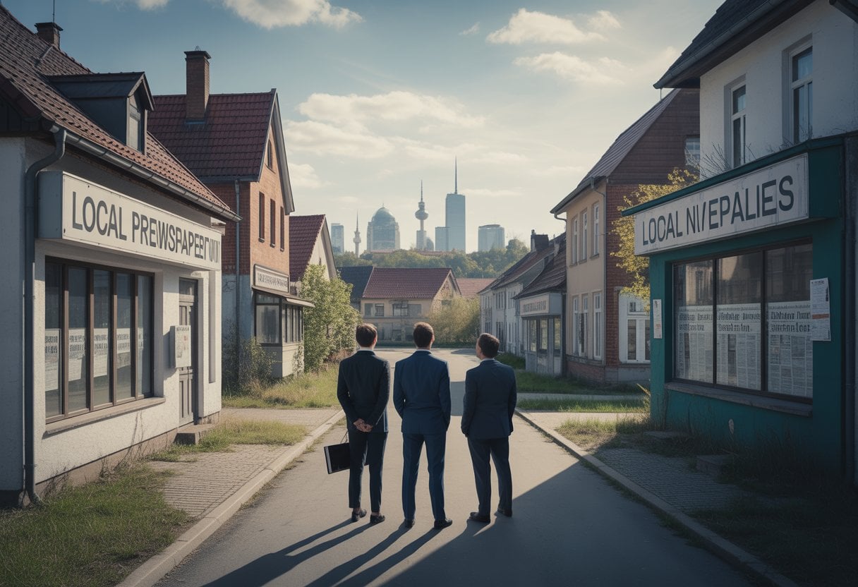 Eine ruhige Kleinstadt mit geschlossenen Zeitungsbüros und einigen Journalisten, die auf eine entfernte Stadtsilhouette blicken.