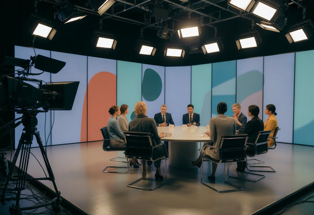Fernsehstudio mit mehreren Personen, die an einem runden Tisch eine Talkshow führen.