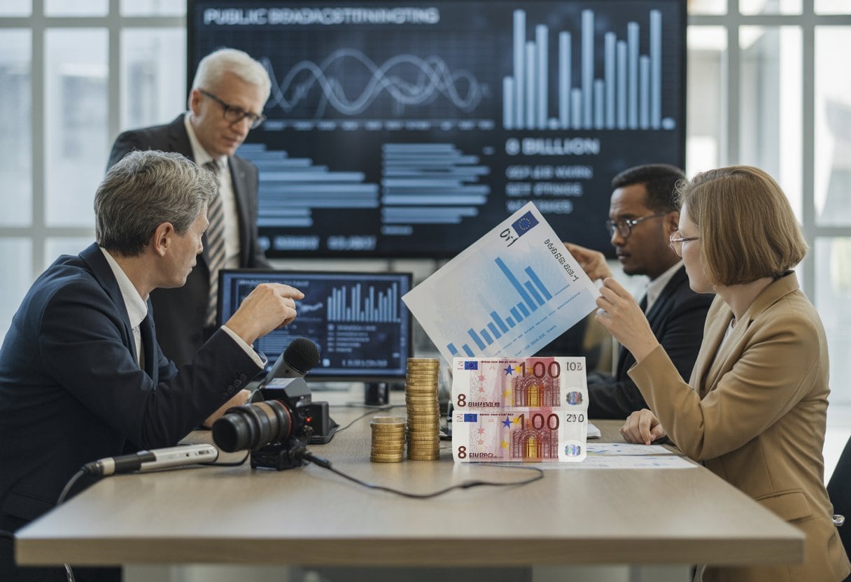 Menschen in einem modernen Büro besprechen Finanzdiagramme und Geldscheine, die die Finanzierung des öffentlich-rechtlichen Rundfunks darstellen.