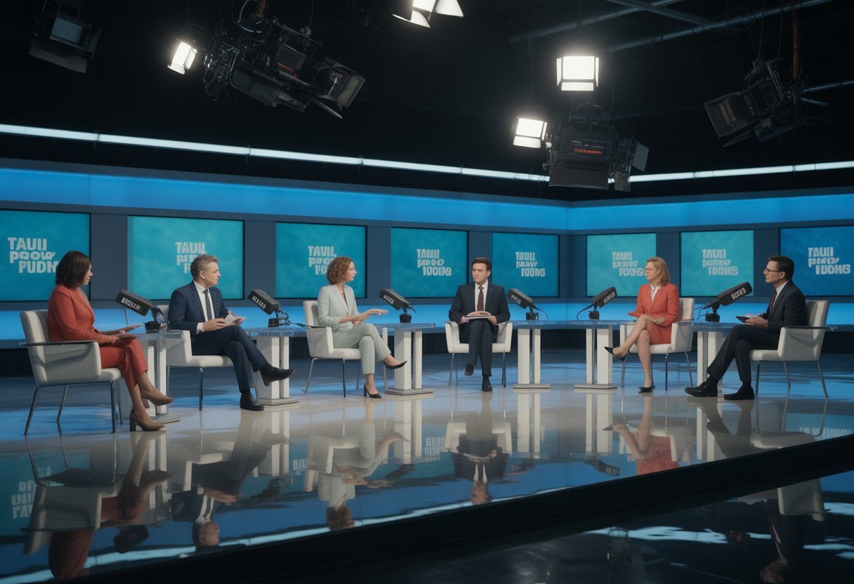 Mehrere identische Talkshow-Studios mit ähnlichen Moderatoren und Gästen in einem Fernsehstudio.