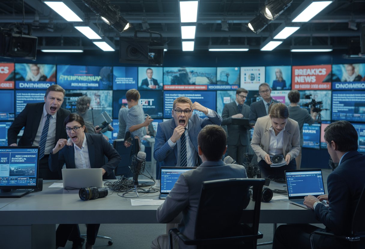 Ein geschäftiges Nachrichtenstudio mit Journalisten und Nachrichtensprechern, die an Bildschirmen arbeiten und lebhafte Diskussionen führen.