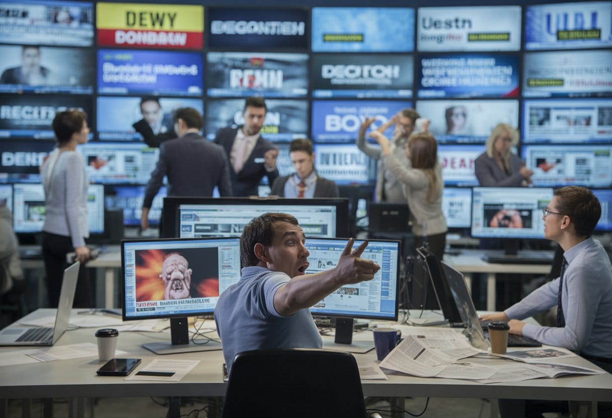 Ein hektischer Nachrichtenraum mit Journalisten, die übertriebene Nachrichten auf Bildschirmen bearbeiten.