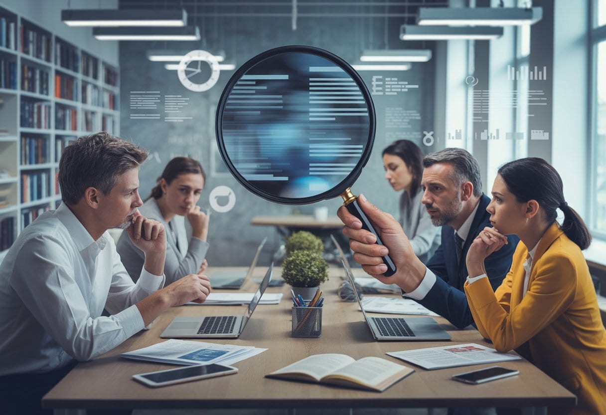 Menschen in einem modernen Büro diskutieren ernsthaft um einen Tisch mit Laptops und Dokumenten, eine Person hält eine Lupe über einen Bildschirm mit verschwommenem Text.