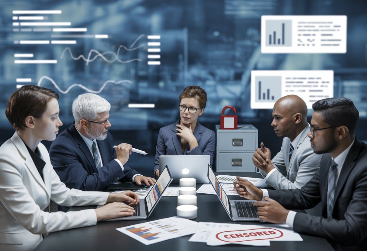 Mehrere Personen diskutieren ernsthaft an einem Konferenztisch mit Laptops und Dokumenten in einem modernen Büro, im Hintergrund ein Bildschirm mit Daten und Symbolen für Informationsprüfung.
