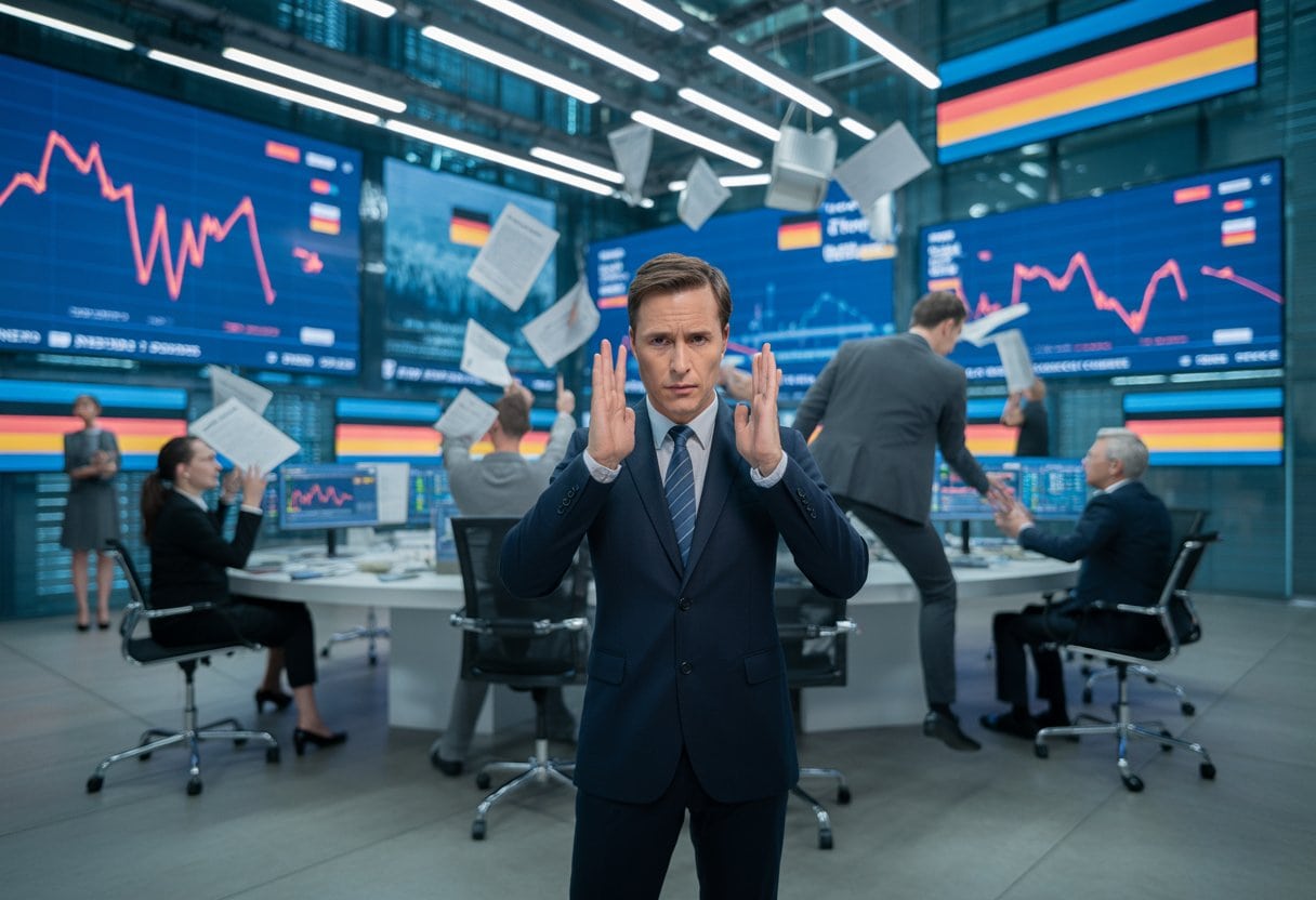 Ein Nachrichtenstudio mit Journalisten und Bildschirmen, auf denen Nachrichten und Grafiken zu sehen sind, während eine Nachrichtensprecherin sich auf eine Sendung vorbereitet.