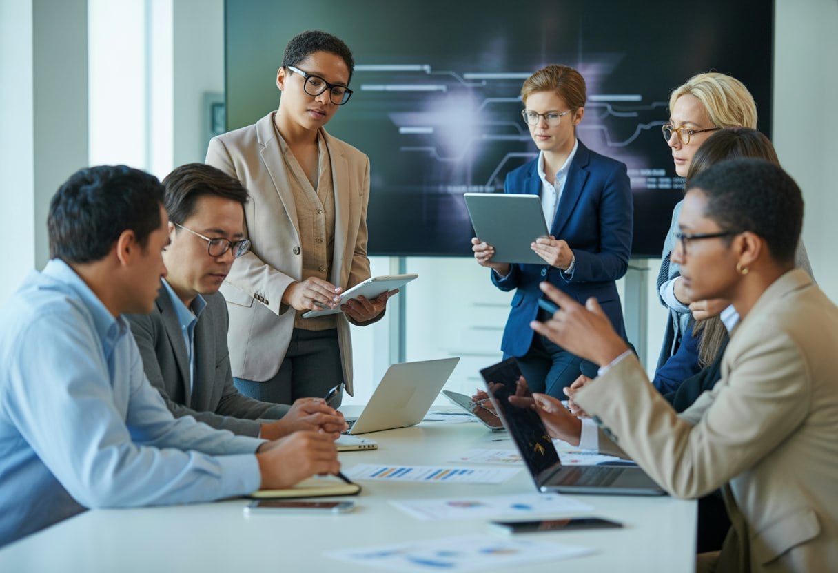 Eine Gruppe von Menschen diskutiert ernsthaft in einem modernen Büro an einem Konferenztisch, umgeben von Dokumenten und digitalen Geräten.