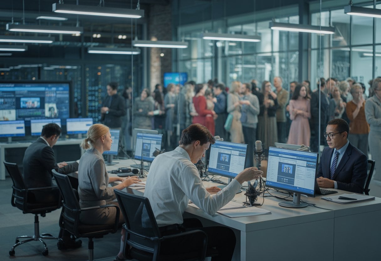 Journalisten arbeiten konzentriert in einem modernen Nachrichtenbüro, während draußen eine vielfältige Gruppe von Menschen zu sehen ist.
