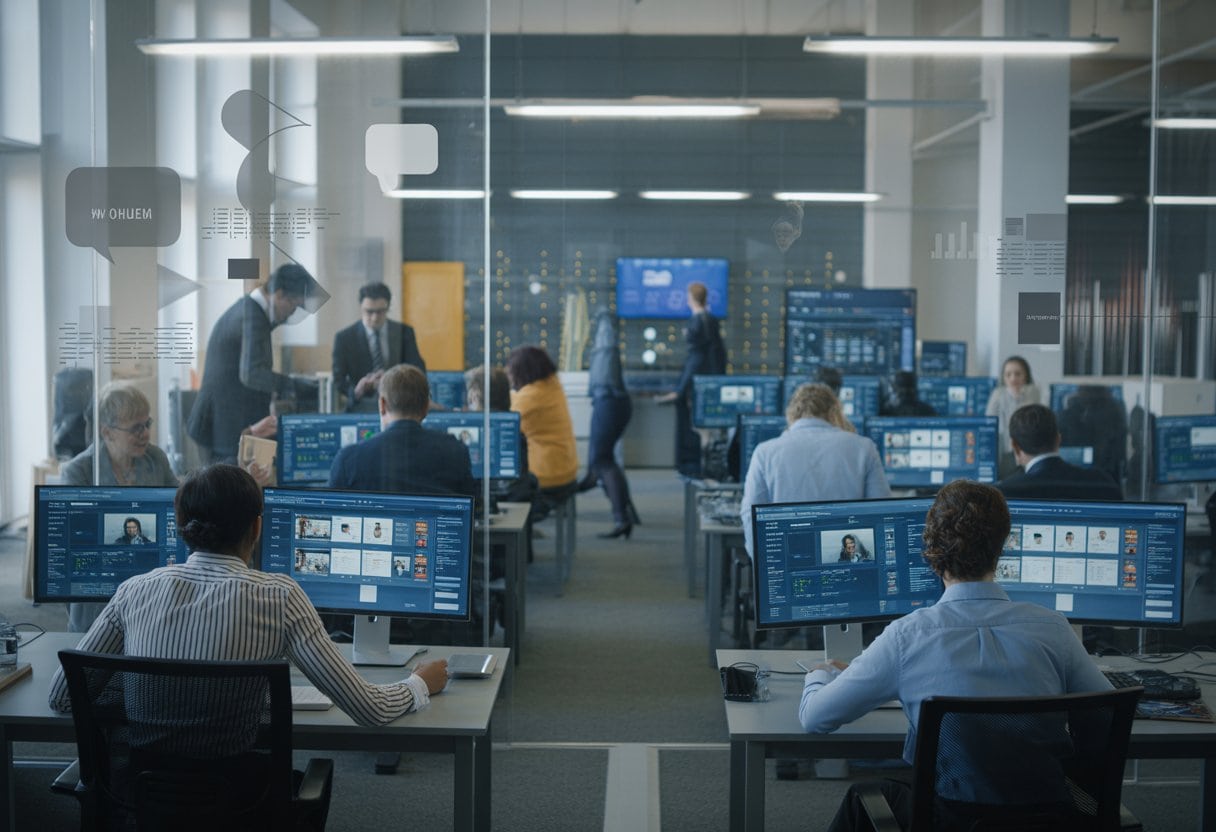 Eine moderne Redaktion mit Journalisten, die an Computern arbeiten, getrennt durch Glaswände, die Isolation und Kommunikationsbarrieren symbolisieren.