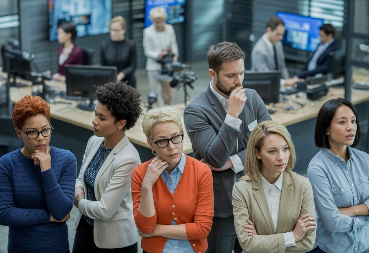 Eine vielfältige Gruppe von Menschen steht getrennt von einem modernen Nachrichtenbüro, in dem Journalisten arbeiten. Die Gruppe wirkt nachdenklich und ausgeschlossen.