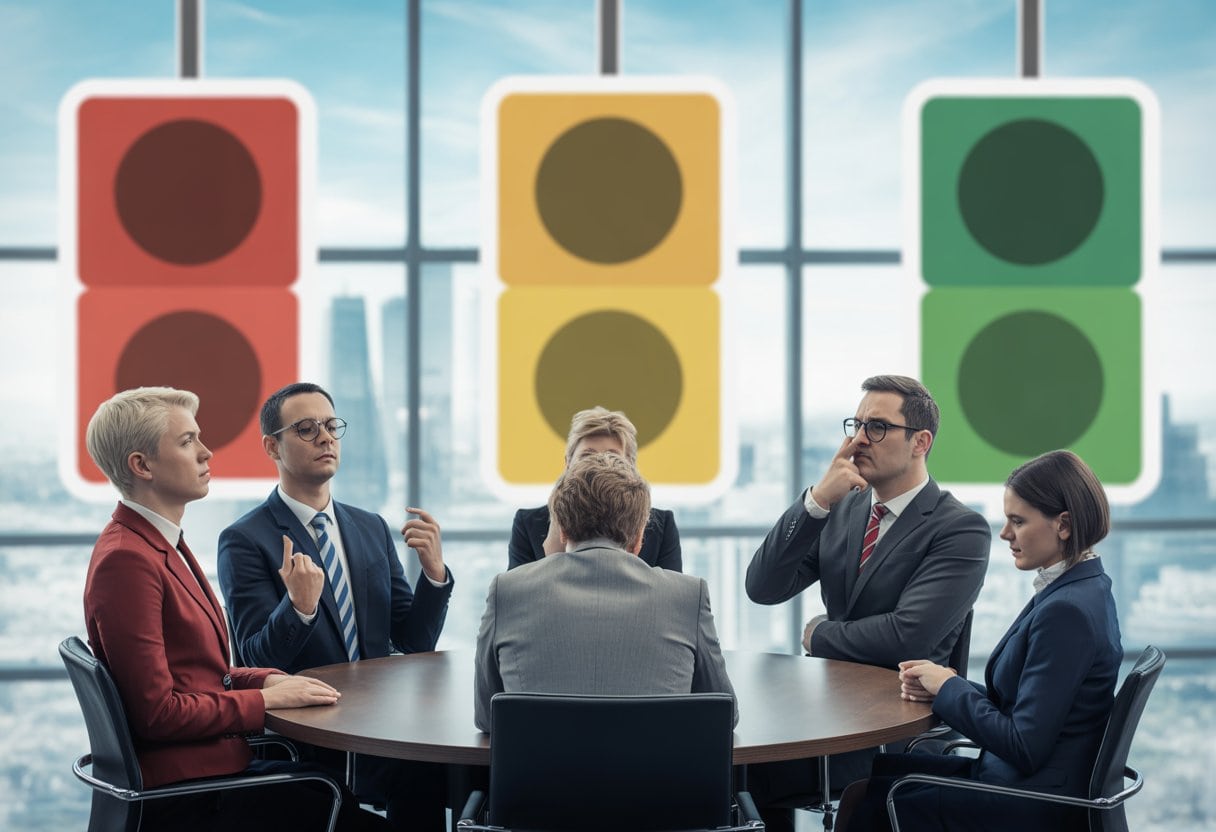 Drei Gruppen von Menschen in roten, gelben und grünen Farben sitzen um einen Konferenztisch und wirken verwirrt und uneinig.