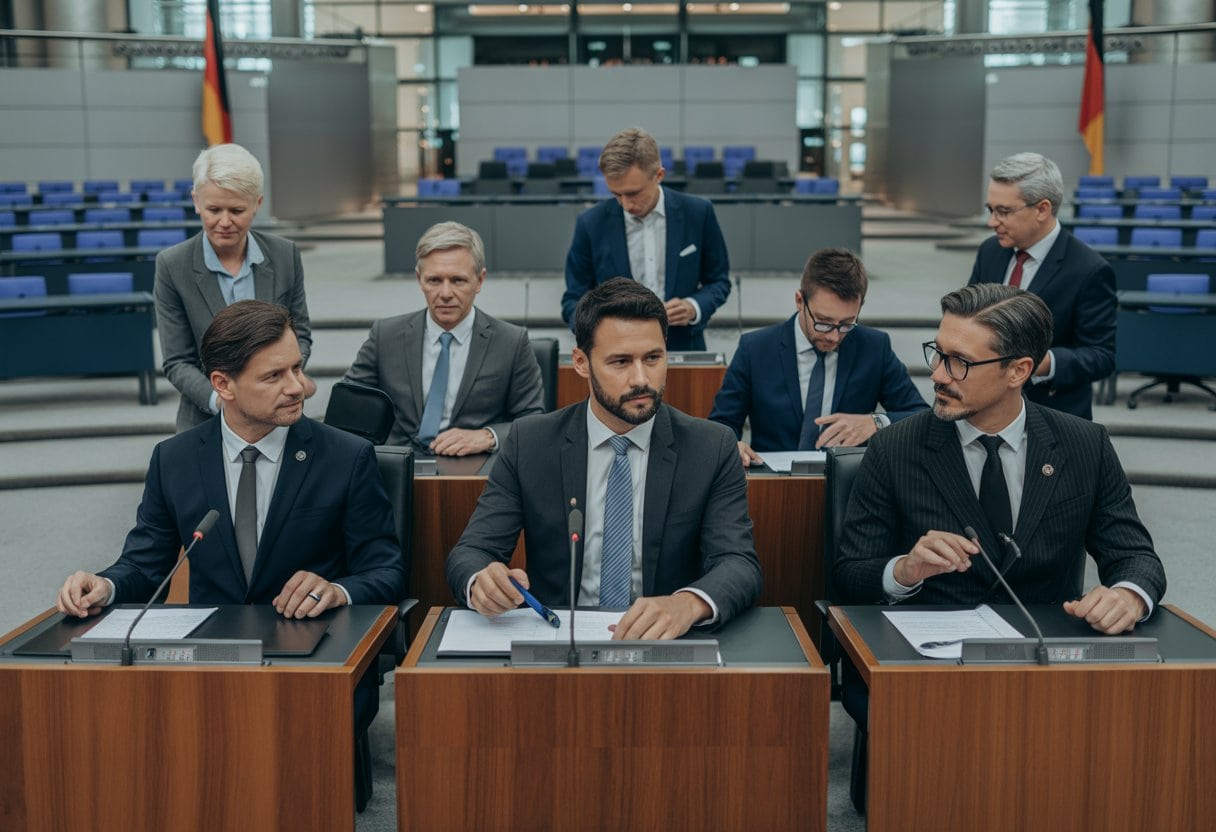Mehrere Politikerinnen und Politiker im Bundestag bei einer Sitzung, die an Tischen sitzen und diskutieren.
