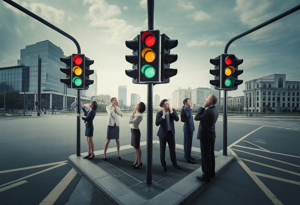 Eine komplexe Straßenkreuzung mit mehreren gleichzeitig leuchtenden Ampeln und drei Gruppen von Menschen an den Ecken, die verwirrt und frustriert aussehen.