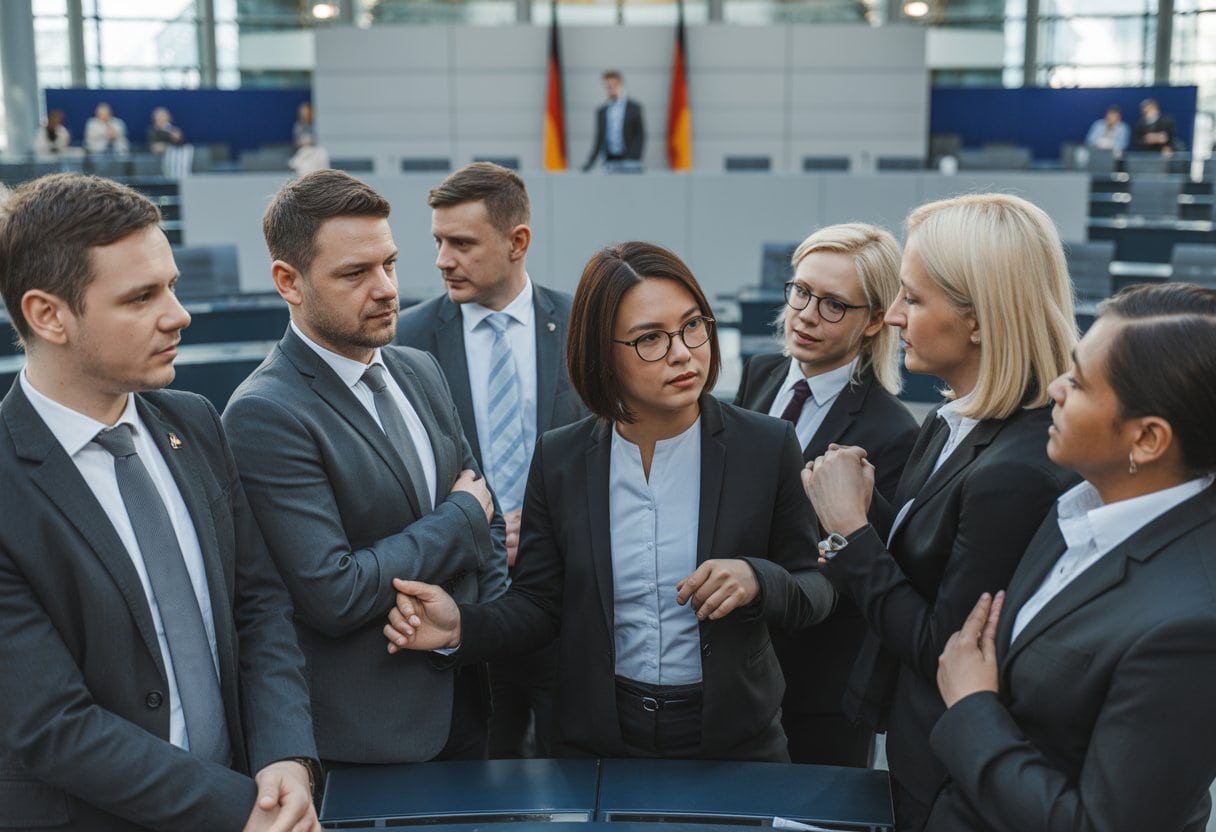 Eine Gruppe deutscher Politiker im Bundestag bei einer Diskussion, umgeben von Sitzreihen und deutschen Flaggen.
