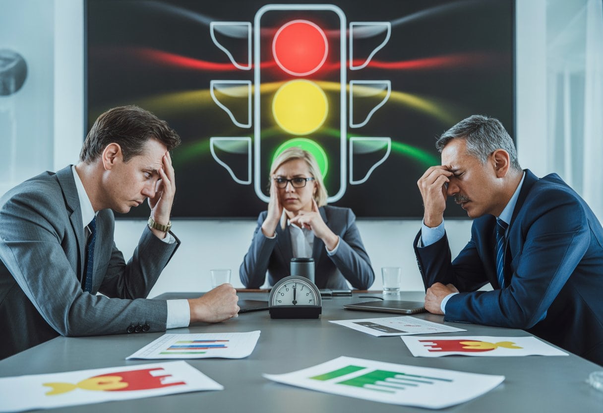 Drei Politiker sitzen an einem Konferenztisch und wirken frustriert, während im Hintergrund ein digitales Ampelsymbol mit roten und gelben Lichtern zu sehen ist.