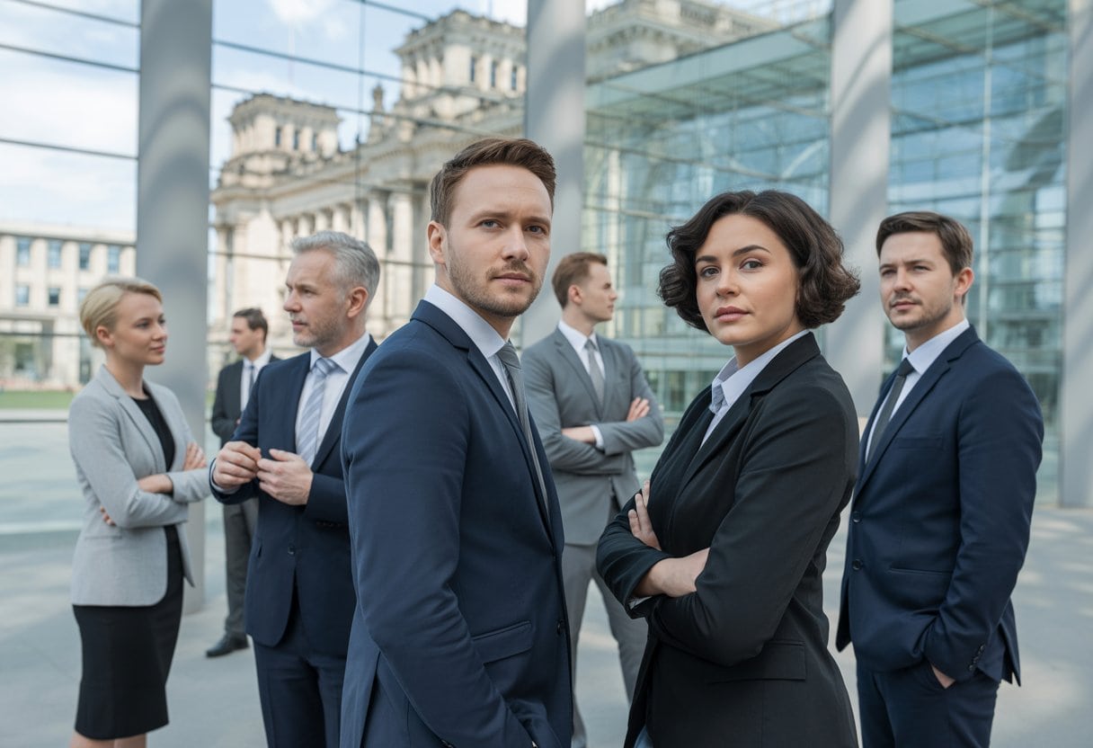 Eine Gruppe deutscher Politiker in formeller Kleidung im Bundestag, die selbstbewusst zusammenstehen und diskutieren.