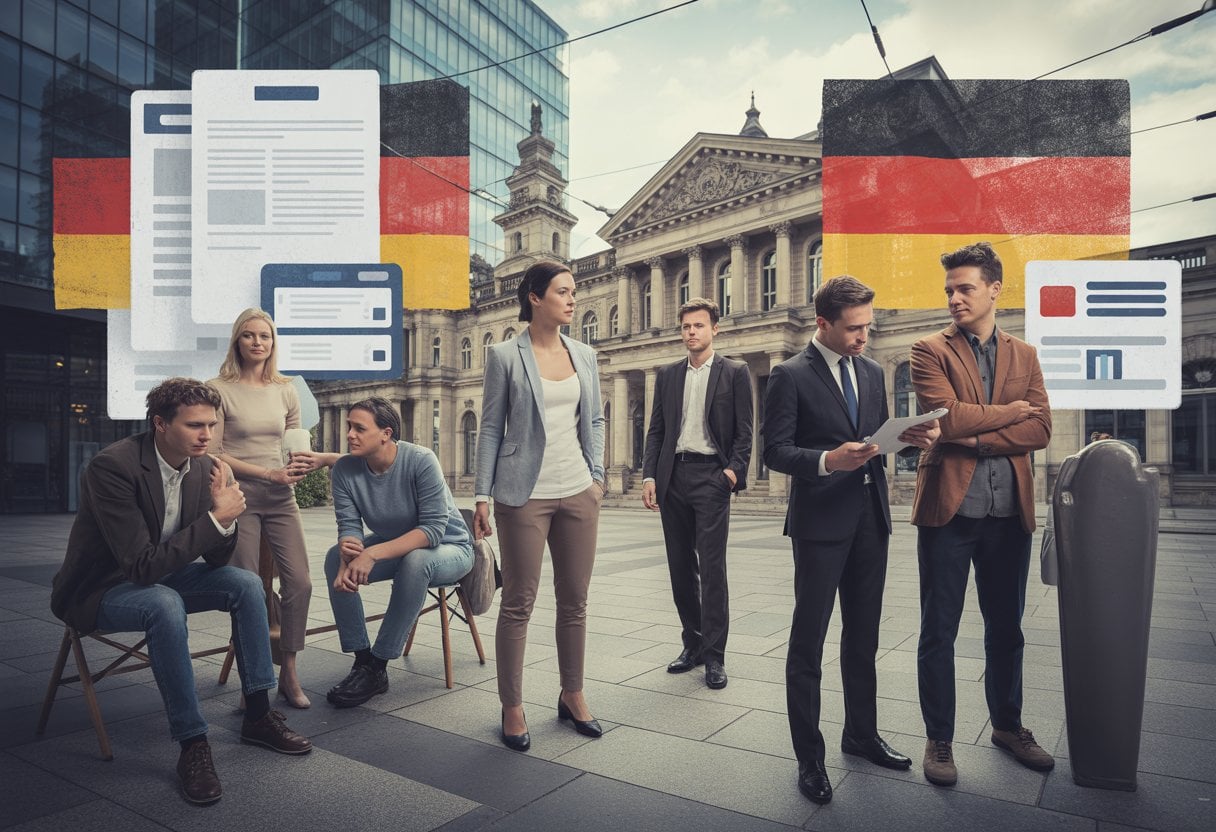 Eine Gruppe deutscher Bürger in einer Stadt, einige erhalten Unterstützung, andere arbeiten oder engagieren sich in der Gemeinschaft.